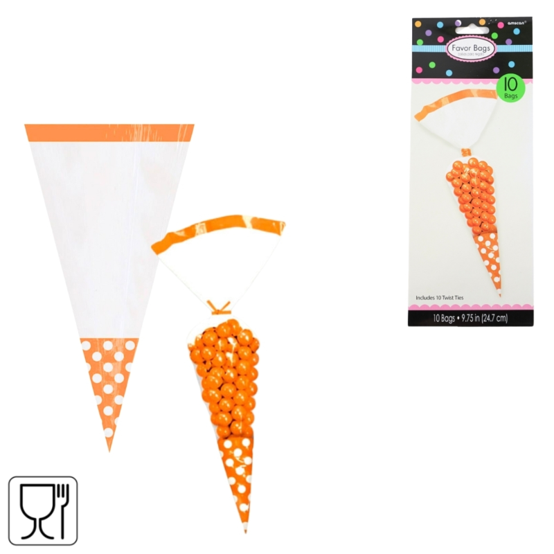 Party puntzak met sluiting transparant/oranje 24,7 cm set van 10