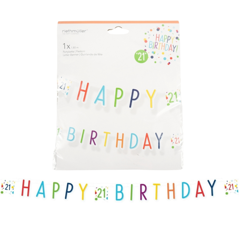 Letterslinger Happy Birthday 21 jaar confetti 180 cm