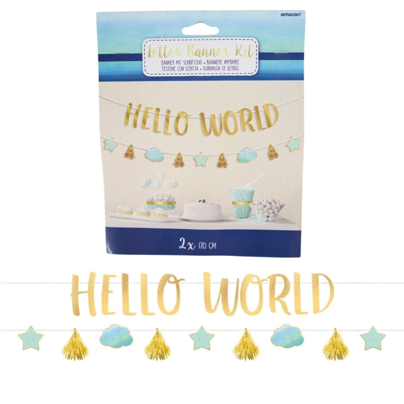 Letterslinger baby boy Hello World blauw/goudkleurig 170 cm