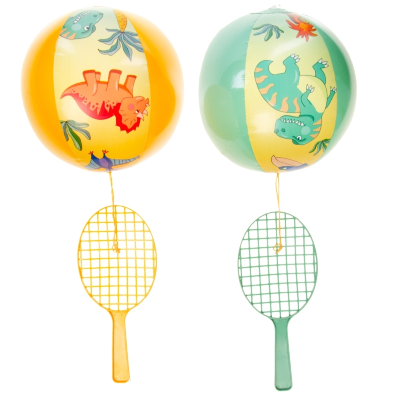 Tennisracket met bal aan elastiek dino 24 cm 2 assorti