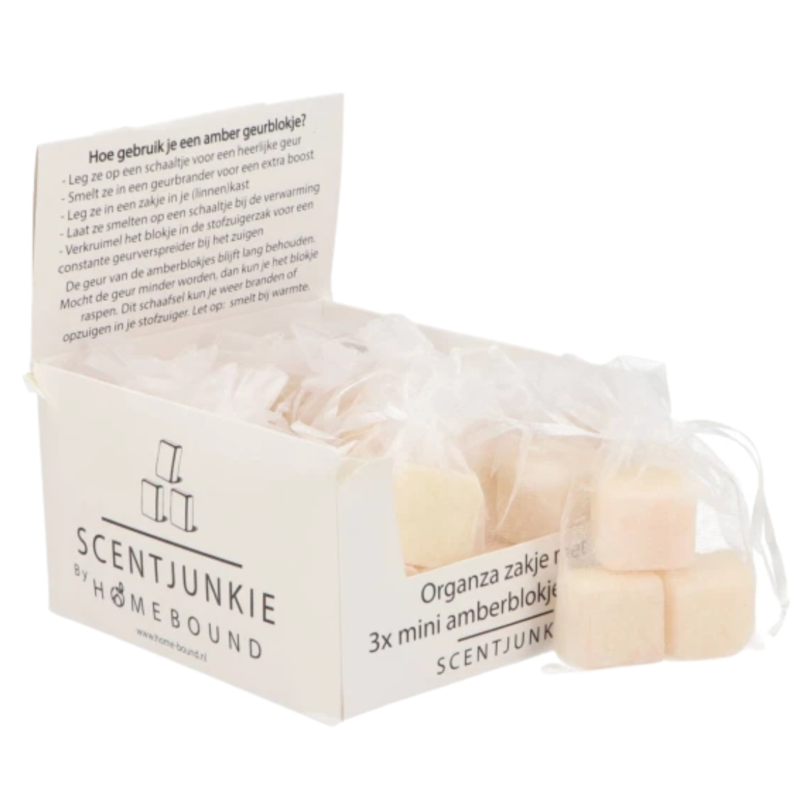 Amberblokje witte musk 4,5 cm organza zakje met 3 stuks