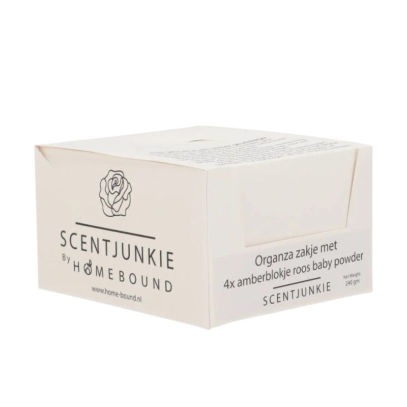 Amberblokje Roos babypoeder 2,5 cm organza zakje met 4 stuks