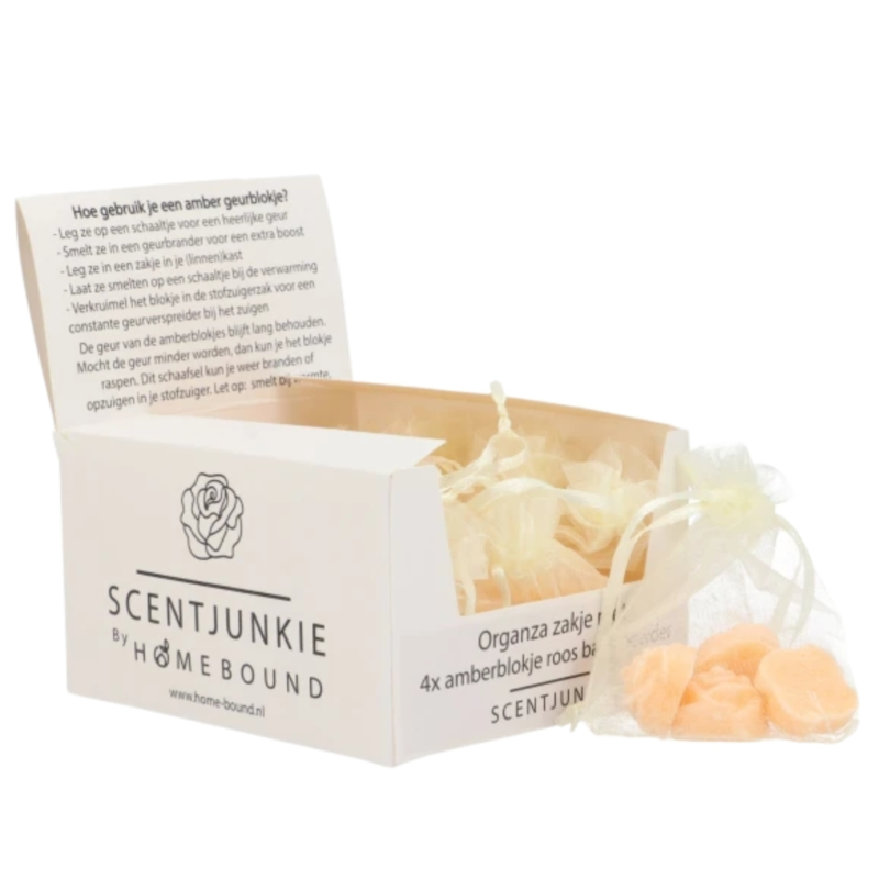 Amberblokje Roos babypoeder 2,5 cm organza zakje met 4 stuks