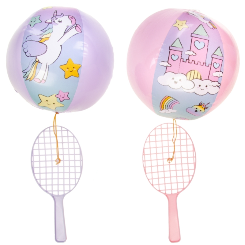 Tennisracket met bal aan elastiek eenhoorn 24 cm 2 assorti