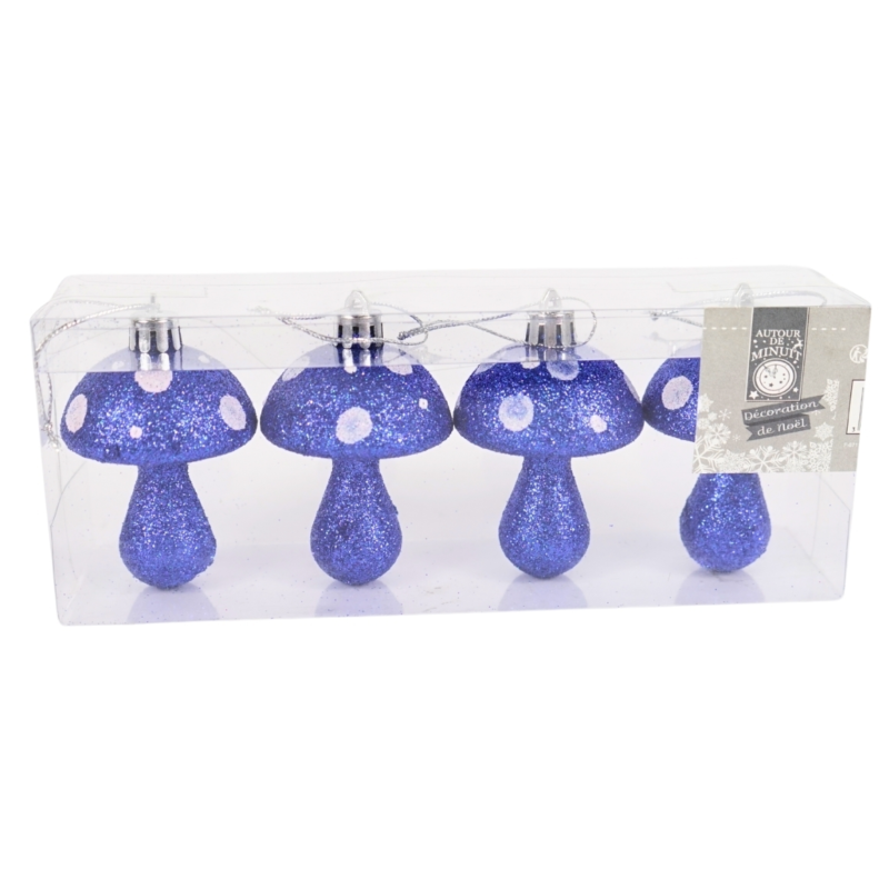 Kersthanger paddenstoel glitter blauw 7 cm set van 4