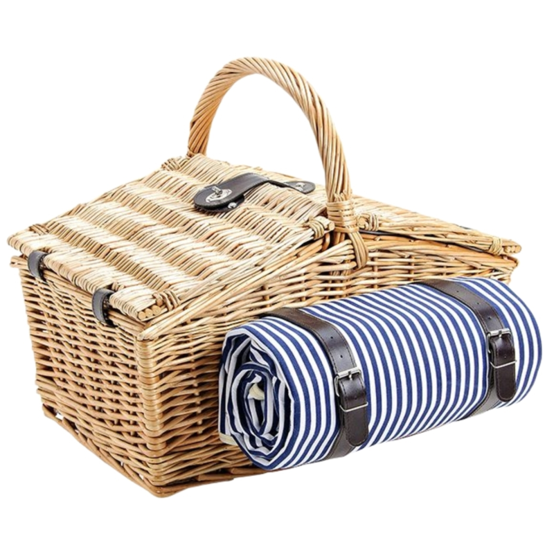 Picknick mand riet blauw/wit 4 personen 26-delig