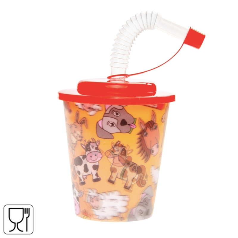 3D Becher mit Strohhalm und Deckel Bauernhoftiere