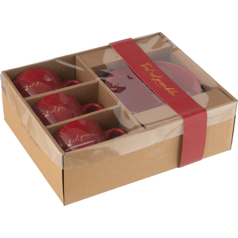 J-Line kop en schoteltje Tout Est Possible porselein rood 200 ml 3 stuks