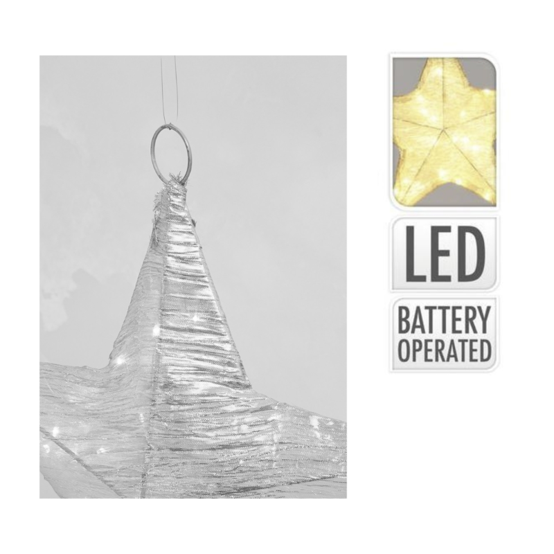 Kerstster LED op batterij stof zilverkleurig 30 cm
