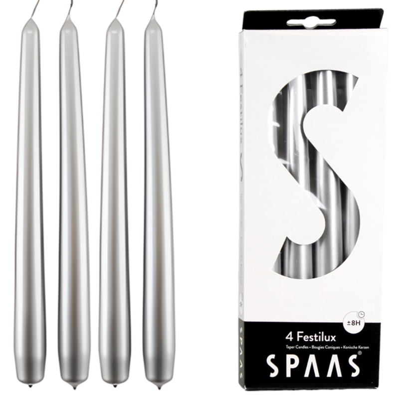 (R) Spaas dinerkaarsen zilverkleurig 2,2 x 25 cm 4 stuks