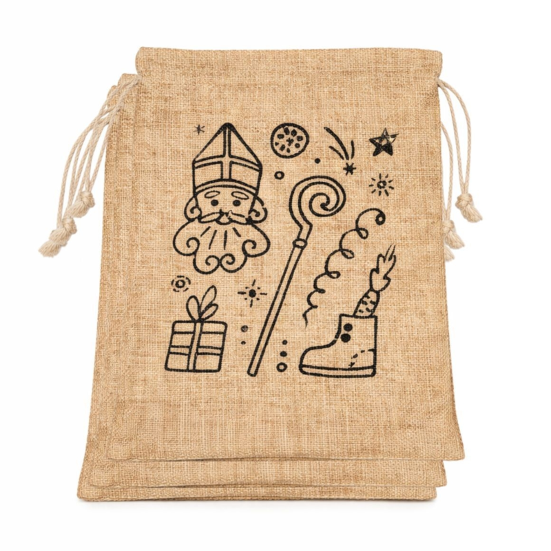 Geschenktas Sinterklaas jute zak 20 x 25 cm 2 assorti set van 3