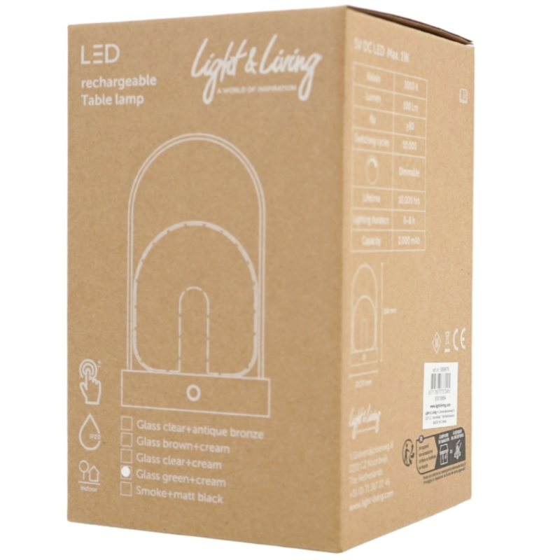 Light & Living tafellamp Yeremi LED oplaadbaar transparant creme 19 cm