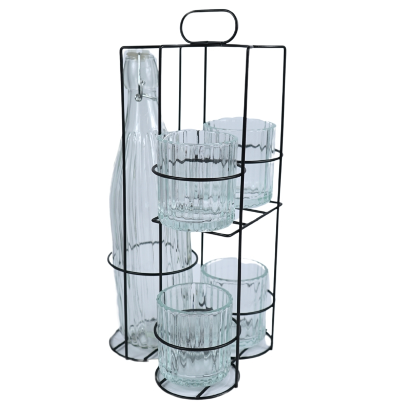 Fles met 4 glazen in metalen houder