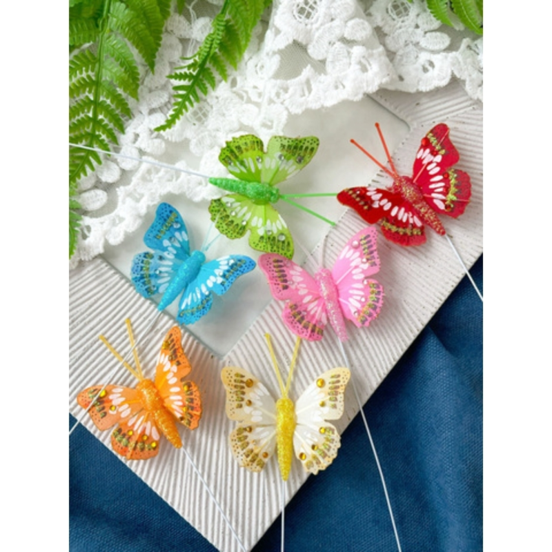 Decoratie vlinder op draad 6 cm set van 4