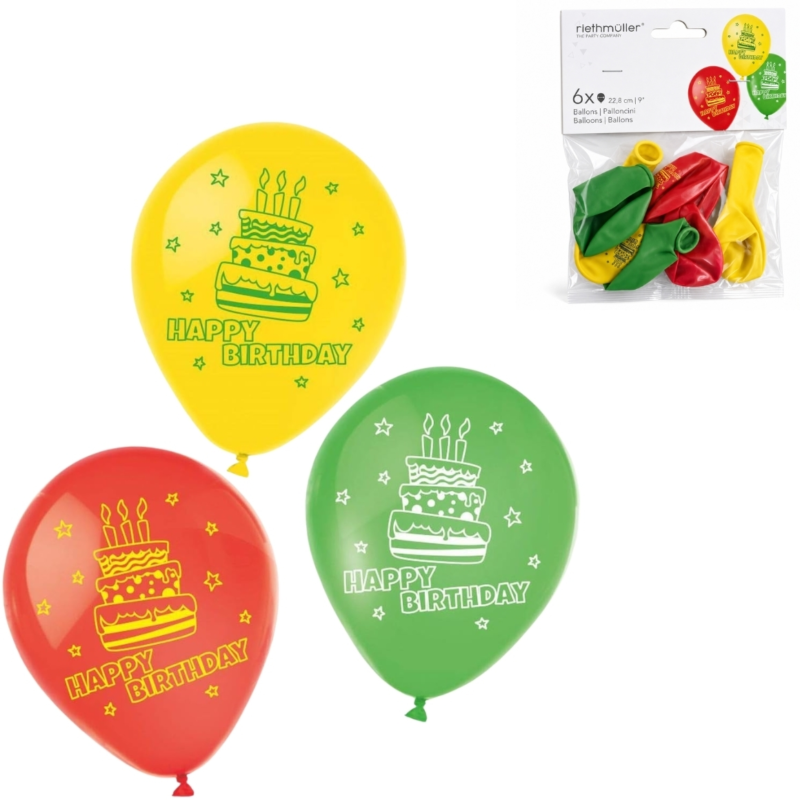 Amscan ballon Happy Birthday rood/groen/geel 22,5 cm 6 stuks