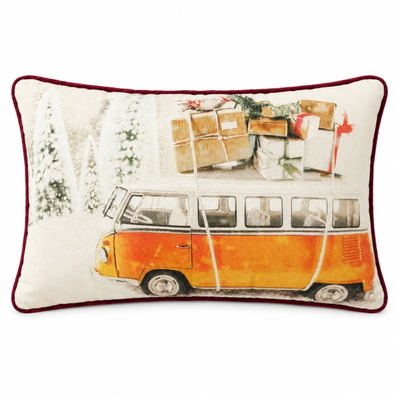 Kussen kerst Oldtimer VW bus oranje 50 x 30 cm