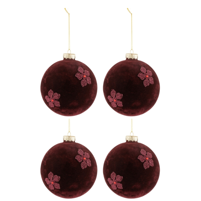 J-Line kerstballen glas fluweel bordeaux 12 cm set van 4