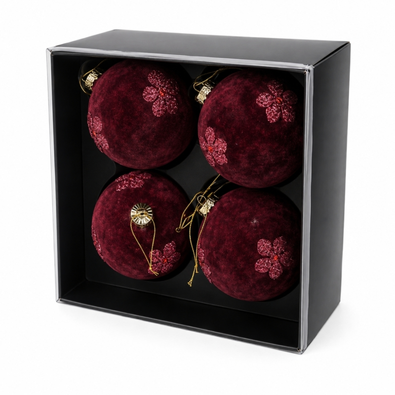 J-Line kerstballen glas fluweel bordeaux 12 cm set van 4