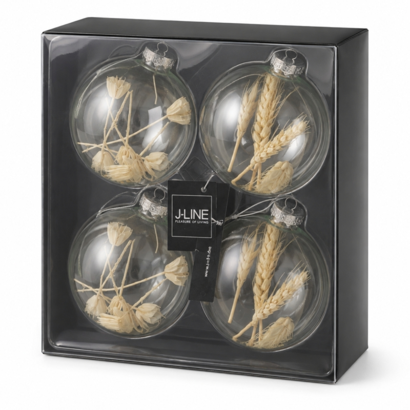 J-Line kerstballen glas bol droogtak beige 10 cm set van 4