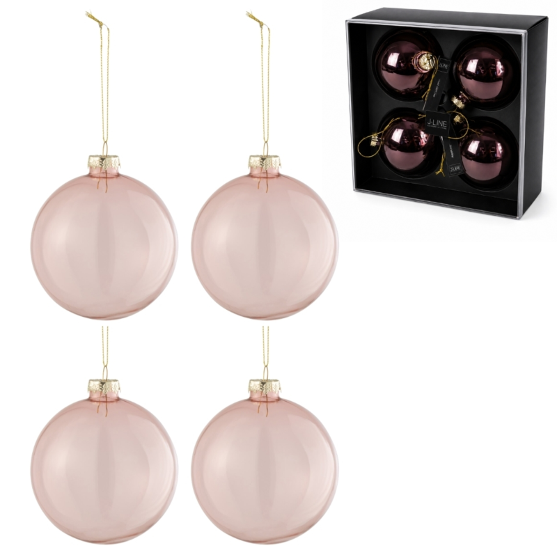 J-Line kerstballen glas roze 10,5 cm set van 4