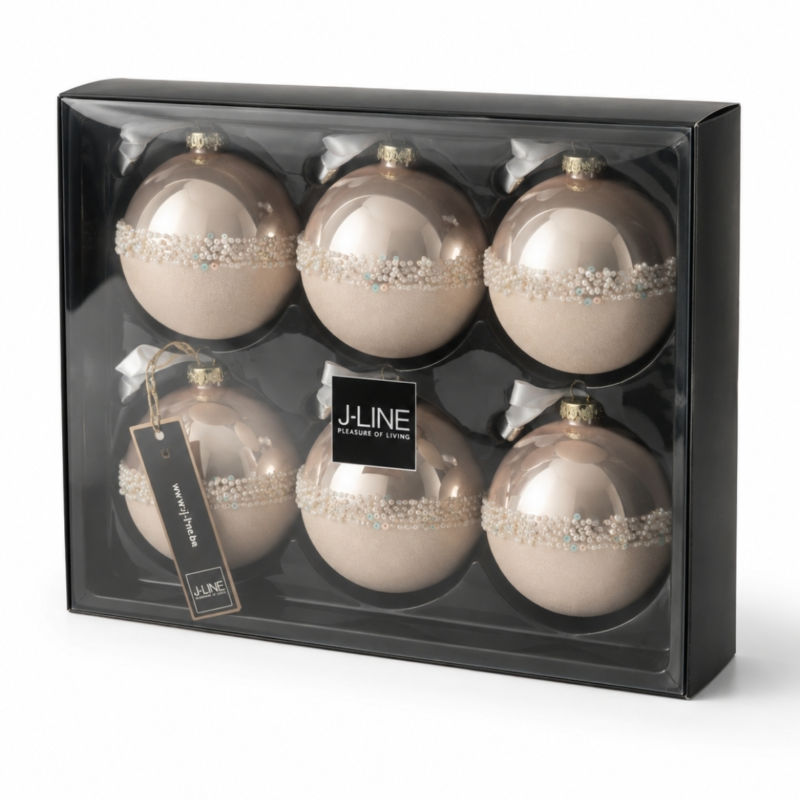 J-Line kerstballen Paillet glas roze 8,5 cm set van 6
