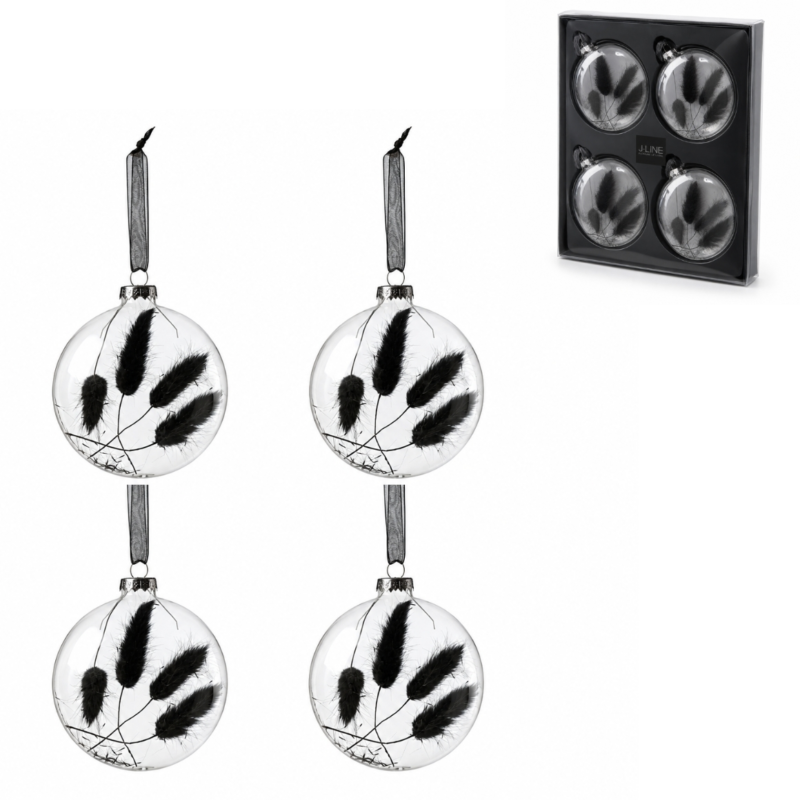 J-Line kerstballen glas droogtak zwart 10 cm set van 4