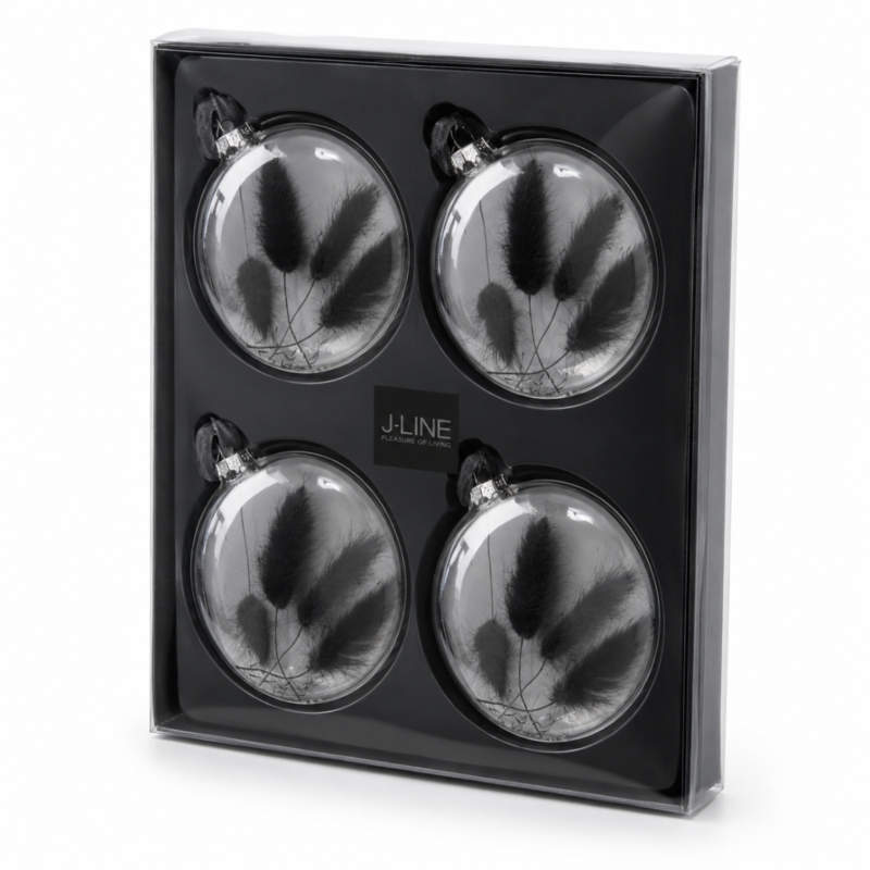 J-Line kerstballen glas droogtak zwart 10 cm set van 4
