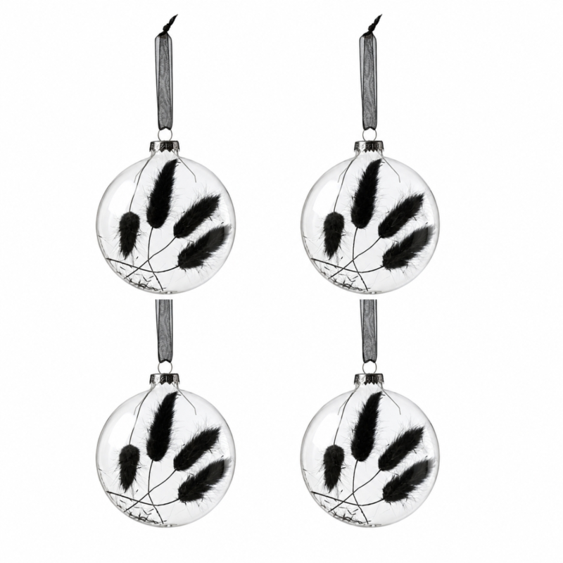 J-Line kerstballen glas droogtak zwart 10 cm set van 4