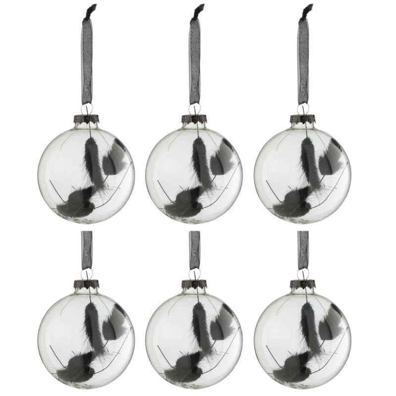 J-Line kerstballen glas bol droogtak zwart 8 cm set van 6