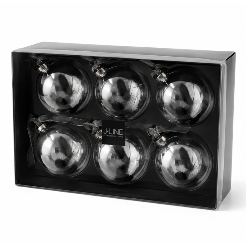 J-Line kerstballen glas bol droogtak zwart 8 cm set van 6