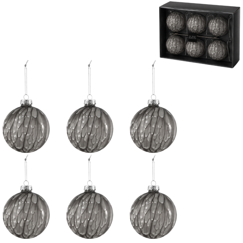 J-Line kerstballen Drip glas grijs 8,5 cm set van 6
