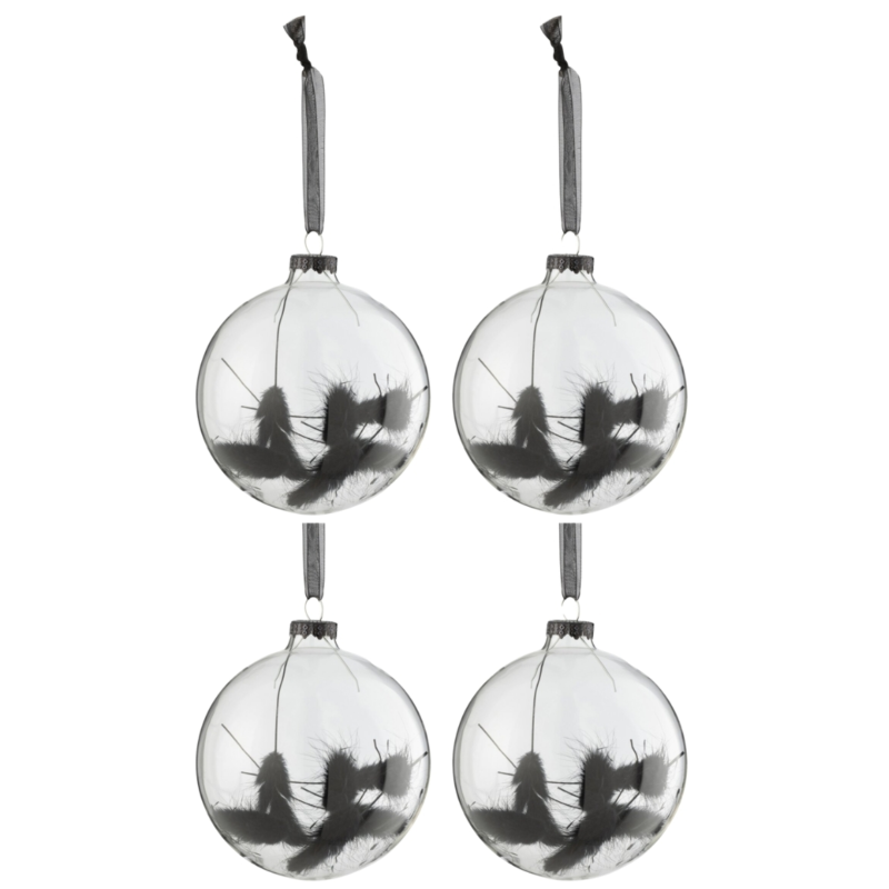J-Line kerstballen glas bol droogtak zwart 10 cm set van 4