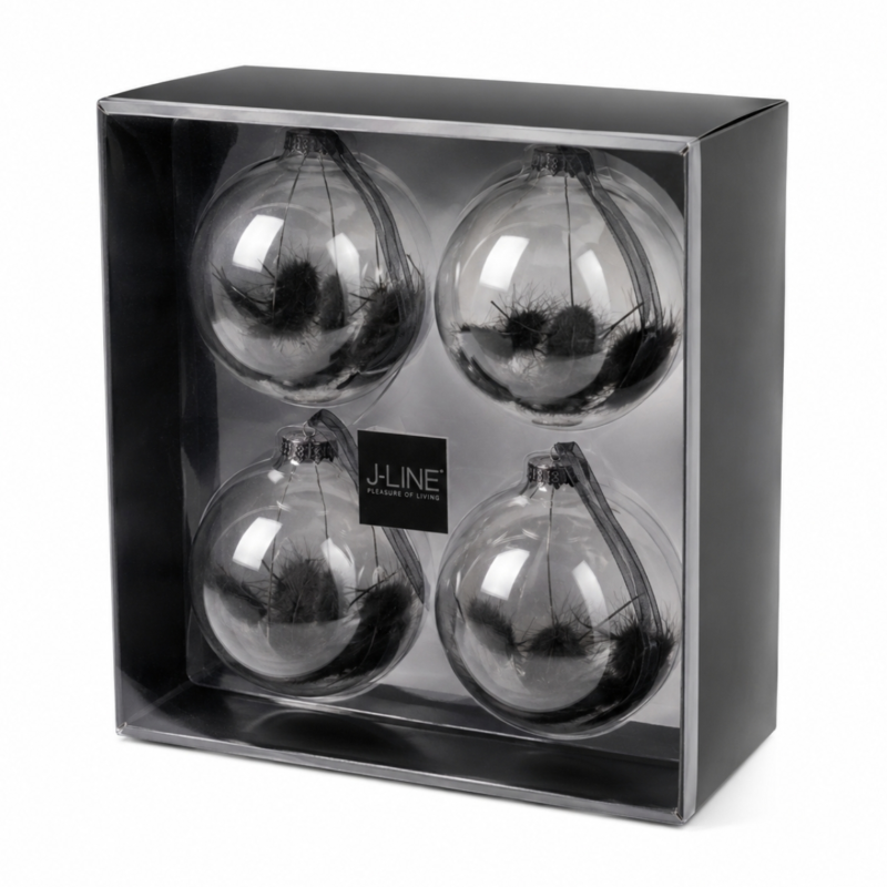J-Line kerstballen glas bol droogtak zwart 10 cm set van 4