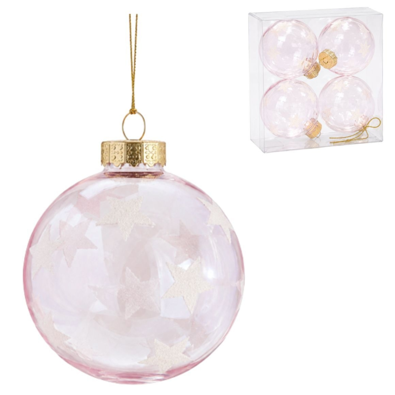 Kerstbal met sterren transparant roze 4 stuks
