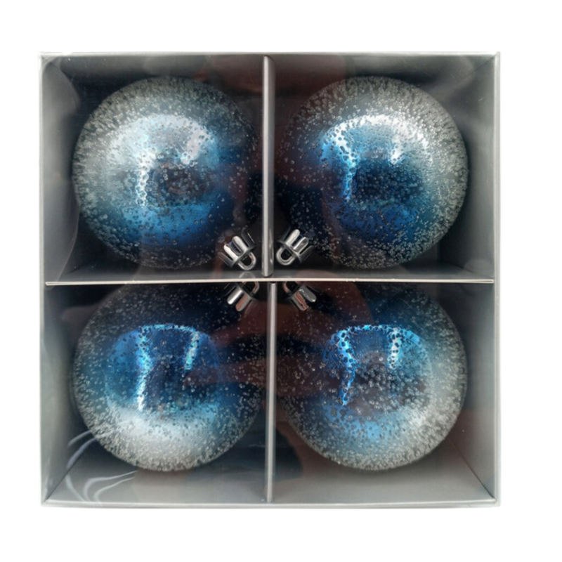 Kerstballen blauw/zilverkleurig 8 cm 4 stuks