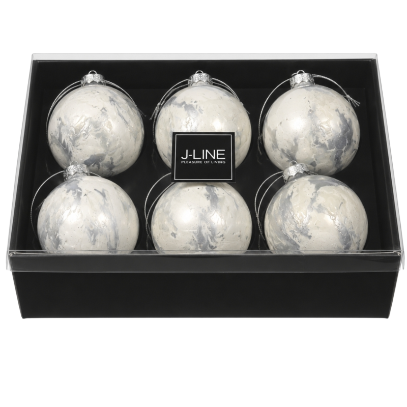 J-Line kerstballen glas wit/zilverkleurig 8 cm 6 stuks