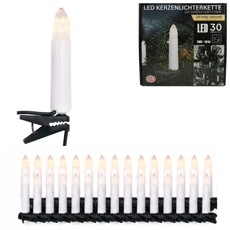 Lichtketting 30 LED kaarsen EU-stekker wit 7,3 m