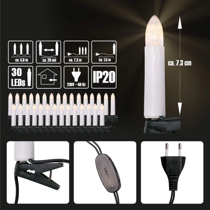 Lichtketting 30 LED kaarsen EU-stekker wit 7,3 m