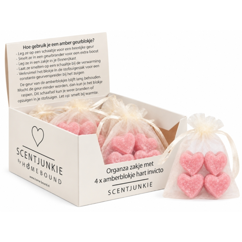 Amberblokje Hart intense secret 2,5 cm organza zakje met 4 stuks