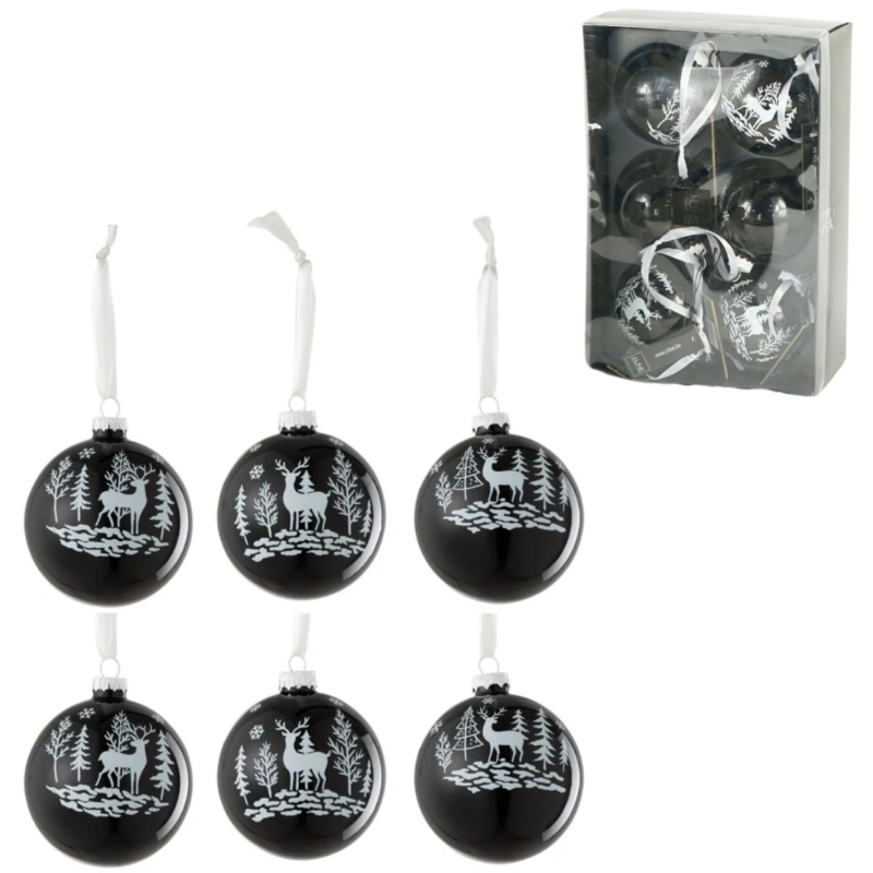 J-line kerstballen glas rendier zwart 8 cm set van 6