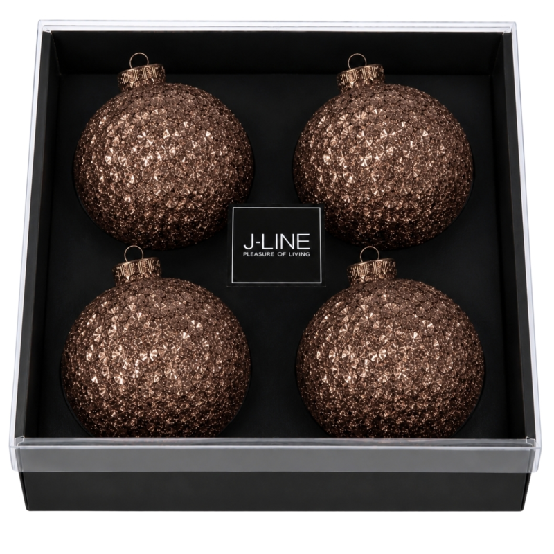 J-Line kerstballen glitters bruin 10 cm 4 stuks