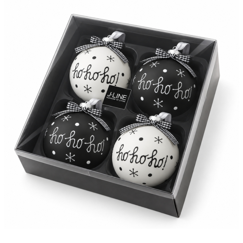 J-Line kerstballen glas Ho Ho Ho 10 cm set van 4