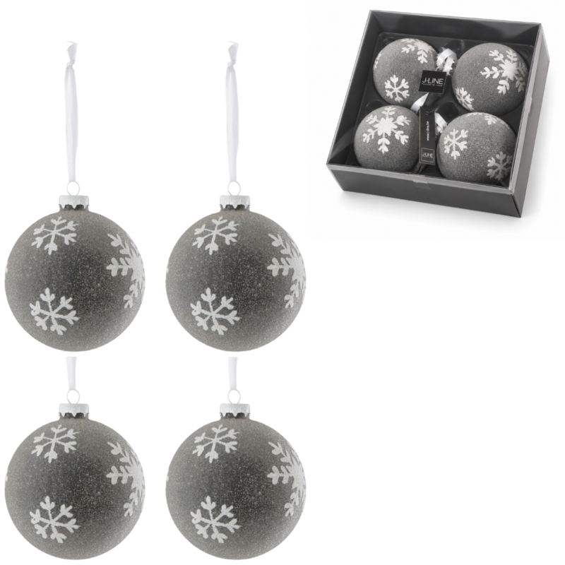 J-Line kerstballen glas Sneeuwvlok grijs 10 cm set van 4