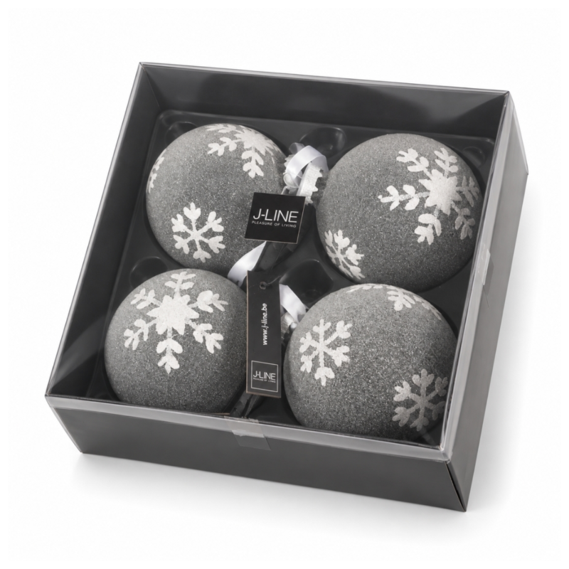 J-Line kerstballen glas Sneeuwvlok grijs 10 cm set van 4
