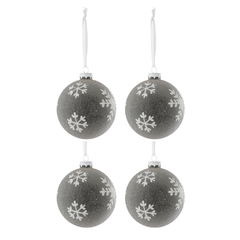 J-Line kerstballen glas Sneeuwvlok grijs 10 cm set van 4