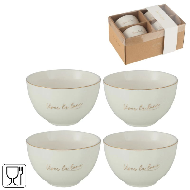 J-Line kommen La Lune porselein wit/goudkleurig 10 cm set van 4