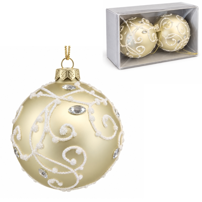 Kerstbal glas goudkleurig/wit 8 cm set van 2