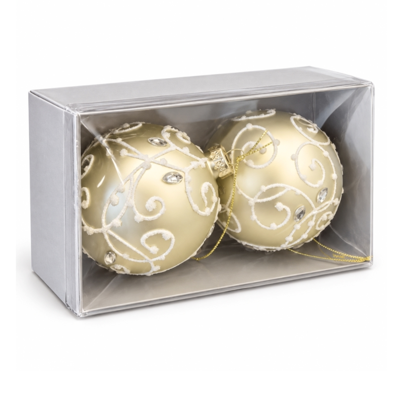Kerstbal glas goudkleurig/wit 8 cm set van 2