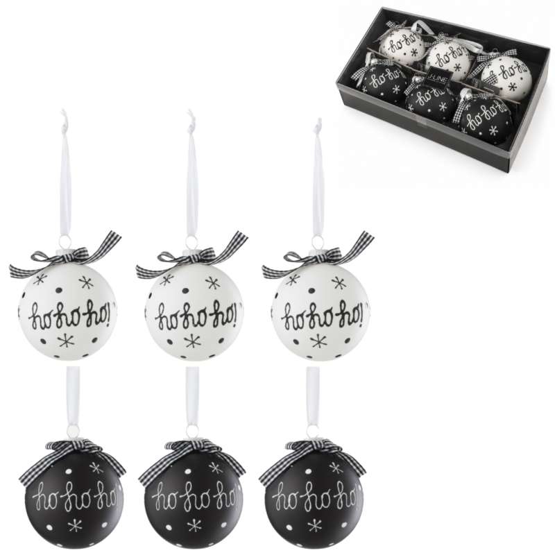 J-Line kerstballen glas Ho Ho zwart/wit 8 cm set van 6