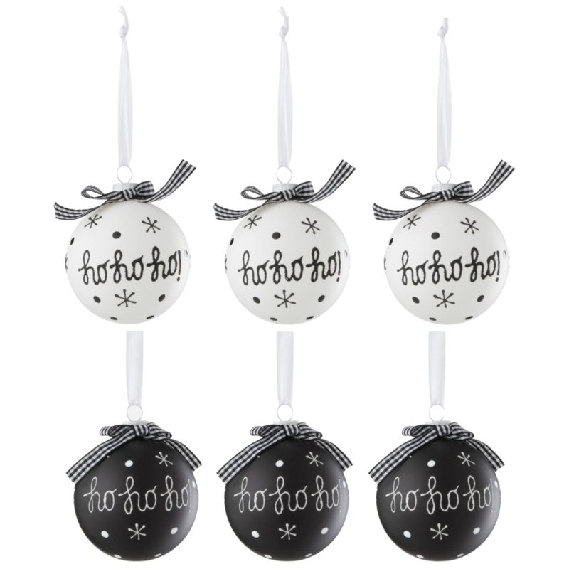 J-Line kerstballen glas Ho Ho zwart/wit 8 cm set van 6